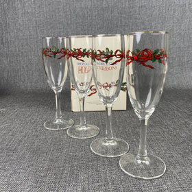 Royal Worcester Set of 4 Holly Ribbons Champagne Glass Flutes - Excellent