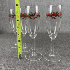 Royal Worcester Set of 4 Holly Ribbons Champagne Glass Flutes - Excellent