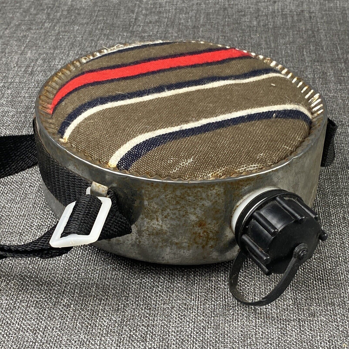 Vintage Wool Felt Covered Canteen  Red, Black and White Stripes