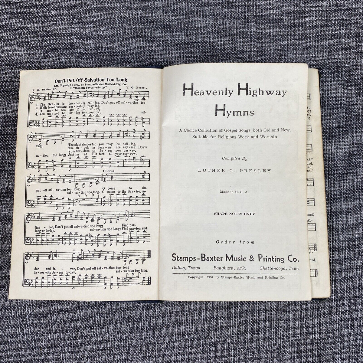 1956 Heavenly Highway Hymns Shape Notes Hymnal Luther G. Presley Stamps Baxter