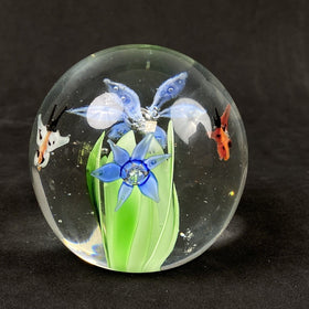 Art Glass Controlled Bubbles Blue Flowers Paperweight 2.5"