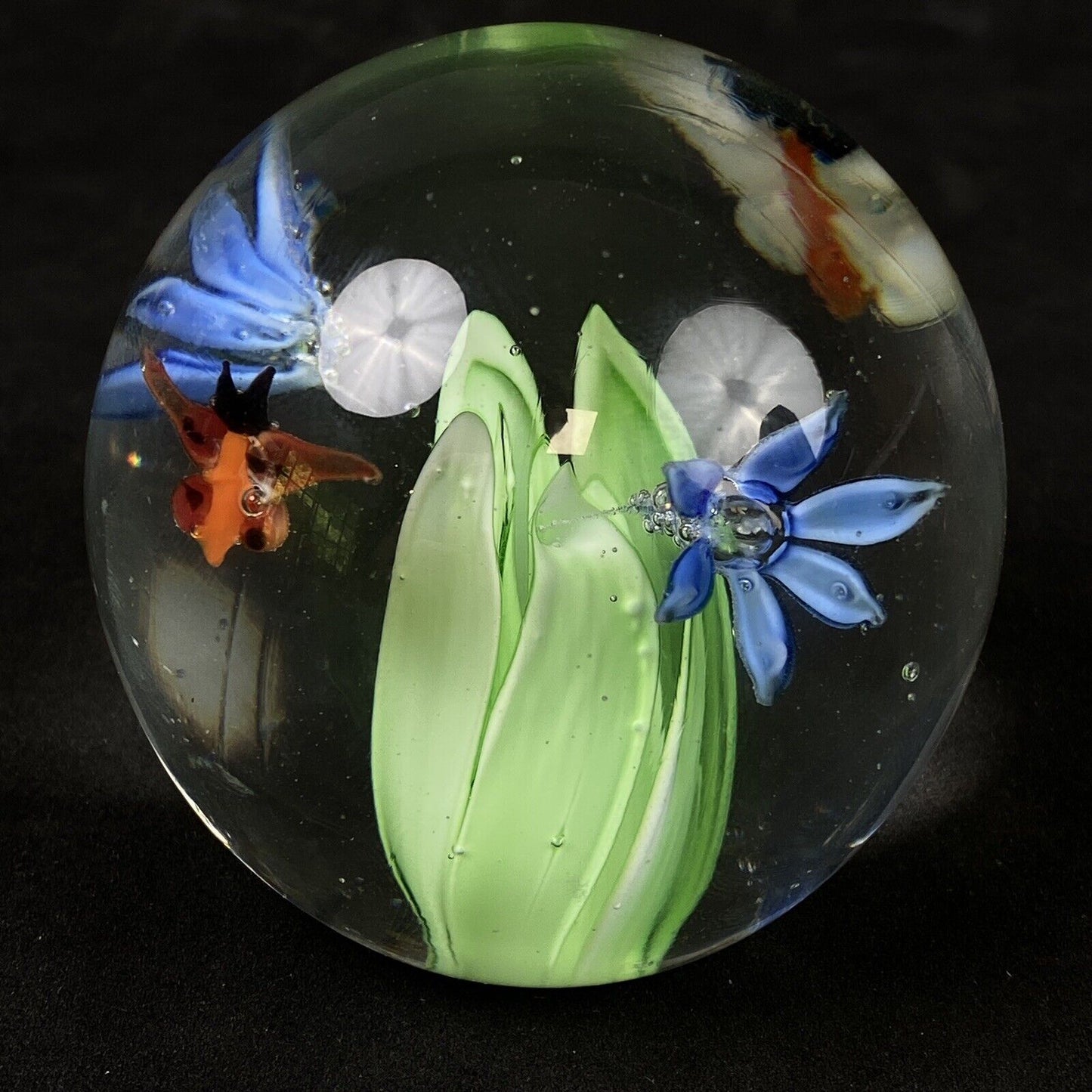 Art Glass Controlled Bubbles Blue Flowers Paperweight 2.5"