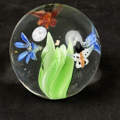 Art Glass Controlled Bubbles Blue Flowers Paperweight 2.5"