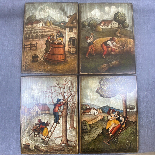 Antiqua Italia Four Seasons Vintage Set of 4 Wood Plates Folk Art Countryside