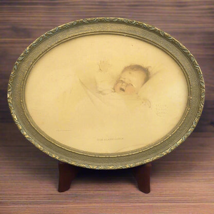 Antique Bessie Pease Gutmann Print of a Child "Our Alarm Clock"  Oval Frame