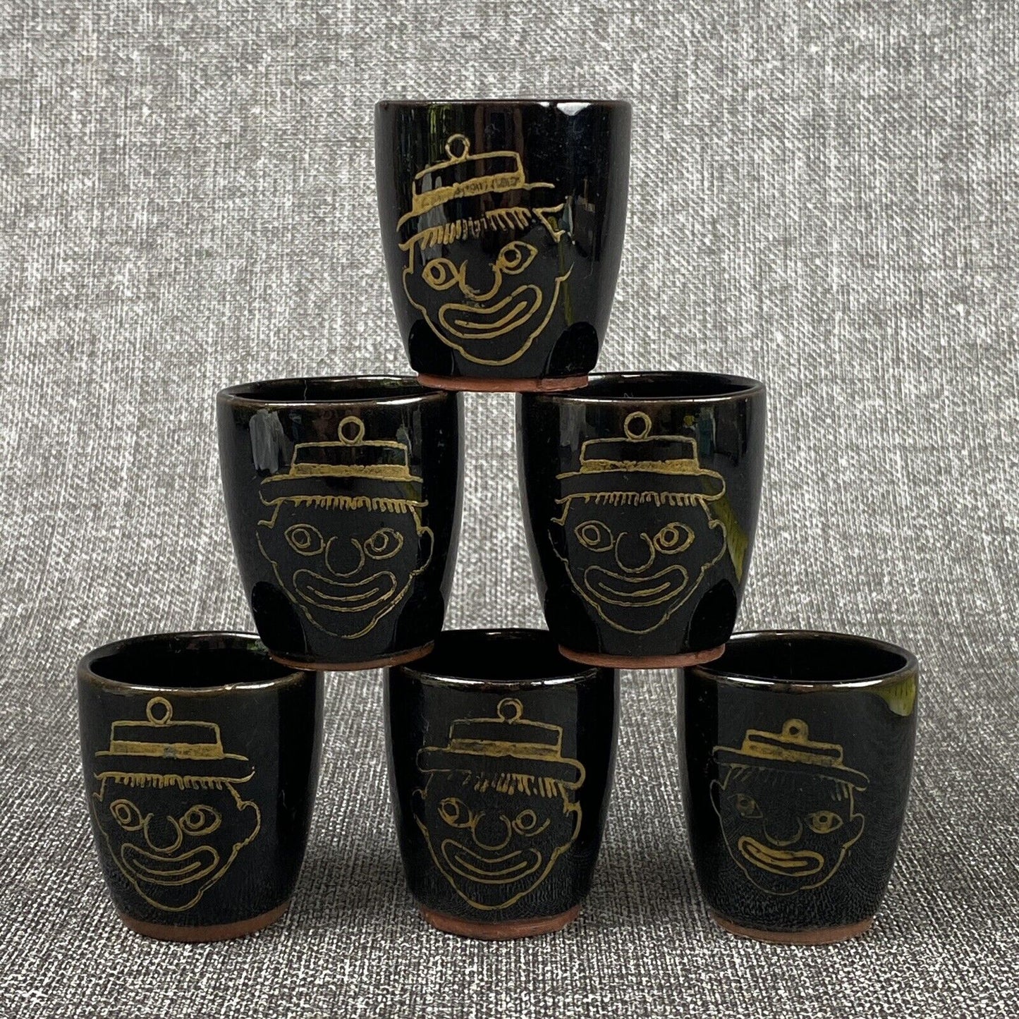 Vintage  Set Of 6 Shot clay cups with faces, made in Japan