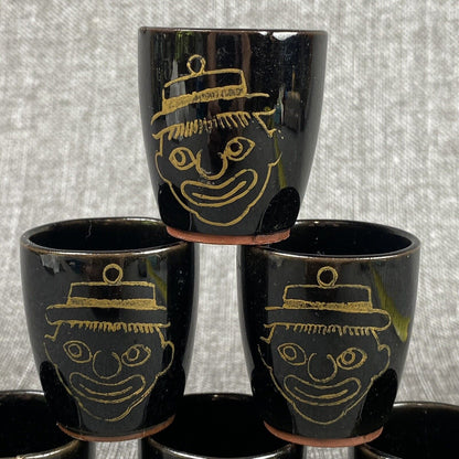 Vintage  Set Of 6 Shot clay cups with faces, made in Japan