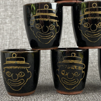 Vintage  Set Of 6 Shot clay cups with faces, made in Japan