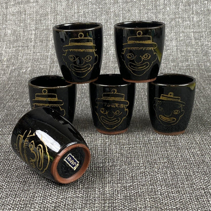 Vintage  Set Of 6 Shot clay cups with faces, made in Japan