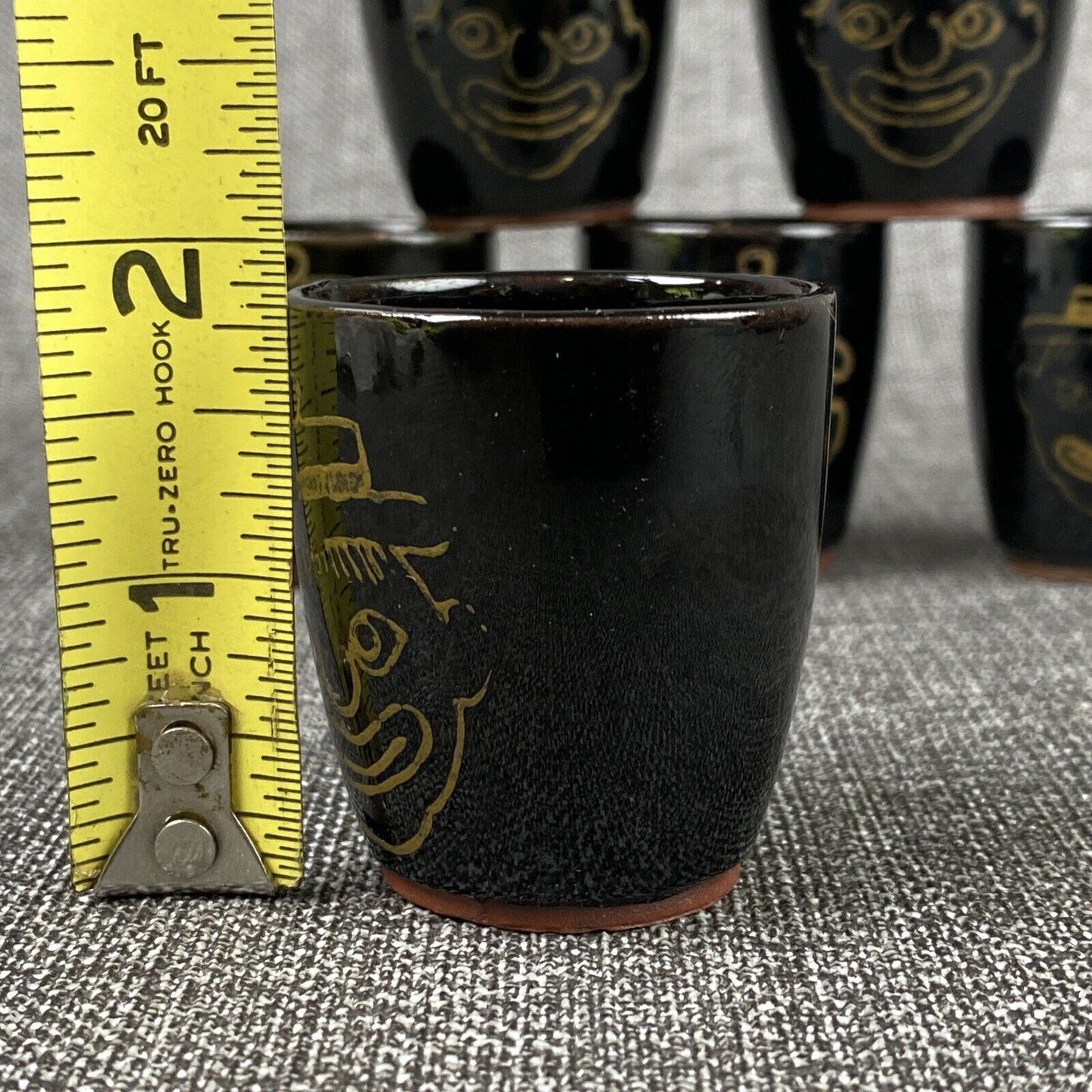 Vintage  Set Of 6 Shot clay cups with faces, made in Japan