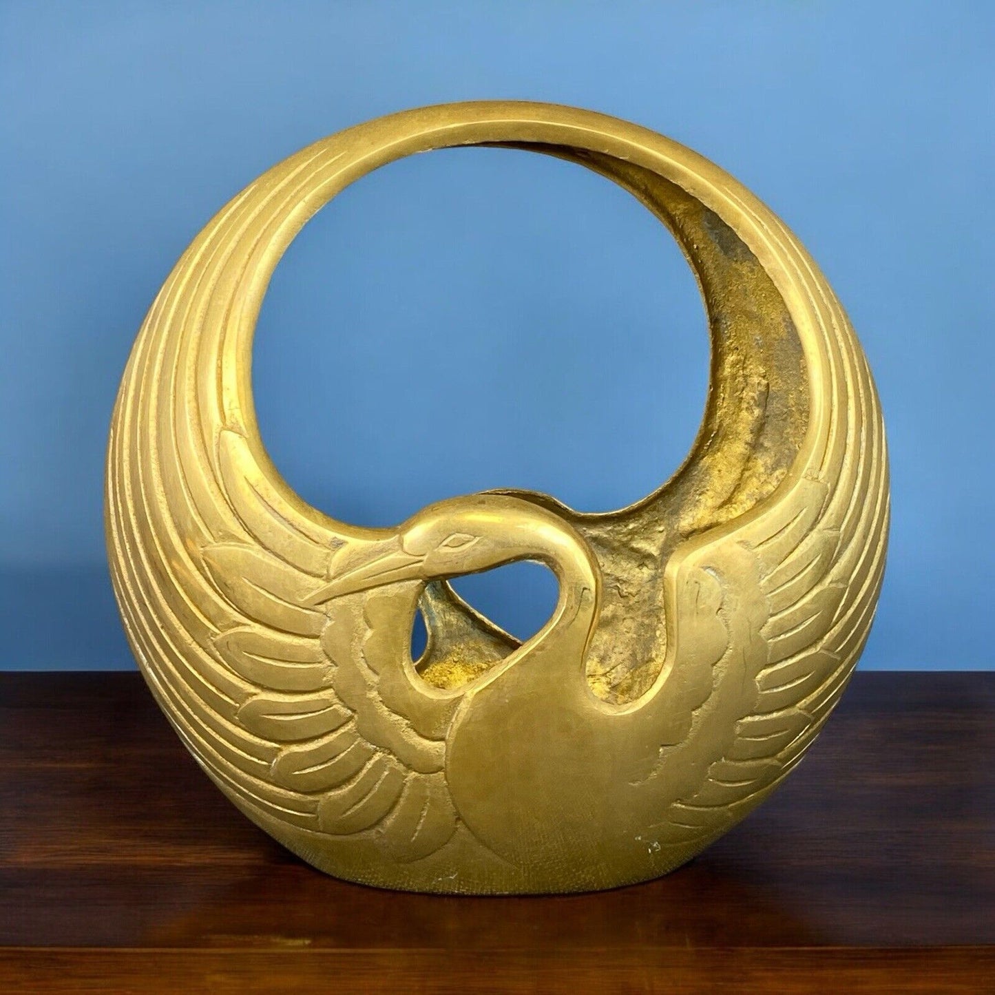 Vintage Brass Mid Century Swan Basket 9.5" Tall