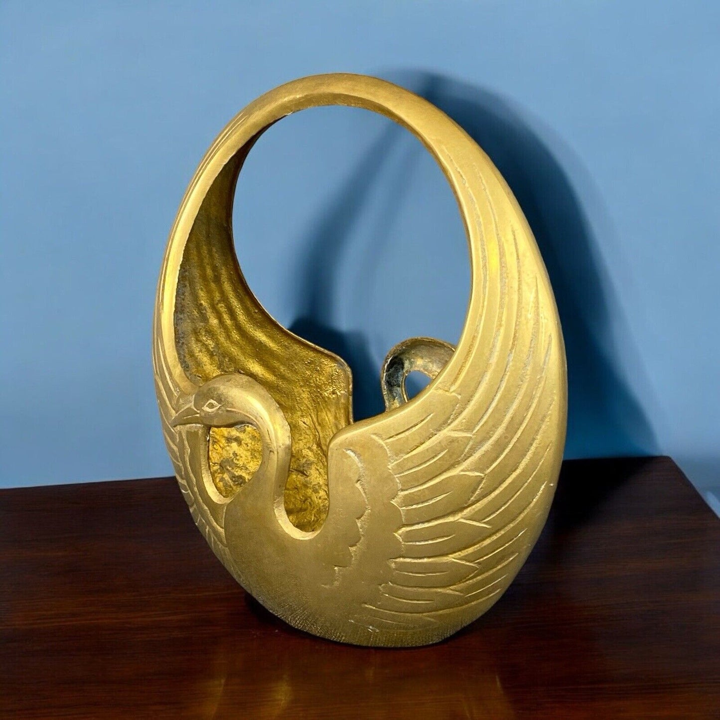 Vintage Brass Mid Century Swan Basket 9.5" Tall