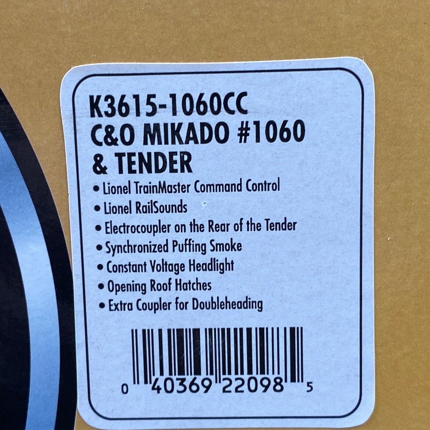 K-Line K3615-1060CC C&O Mikado Steam Locomotive & Tender - BOX ONLY