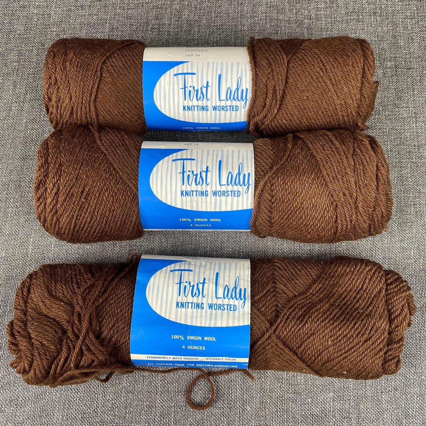 Vintage First Lady Knitting Worsted Chocolate  3 Skeins 100% Virgin Wool