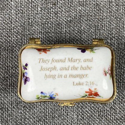 Vintage Imperial Porcelain Trinket Box Luke 2:16 Bible Verse Birth of Jesus