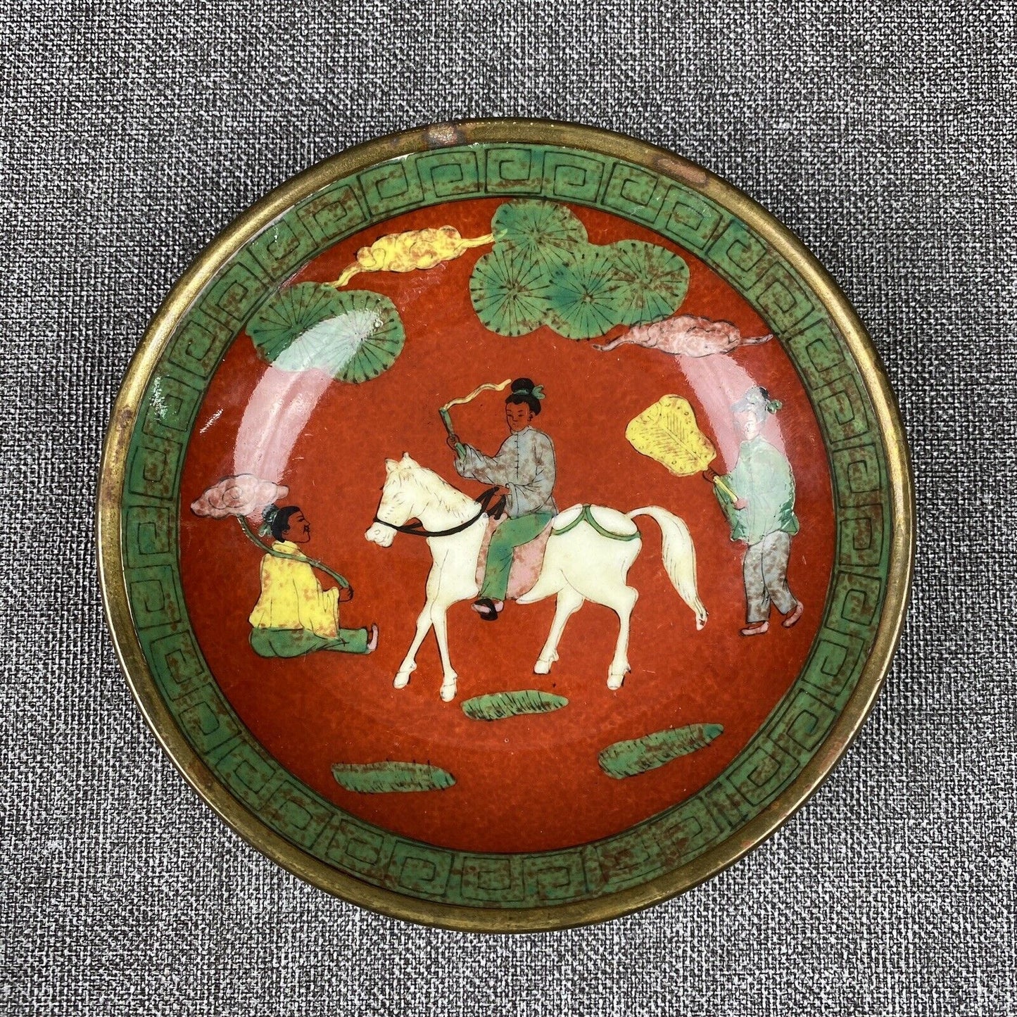 Japanese Porcelain Ware 9’ Bowl Encased In Brass Hand Painted in Hong Kong