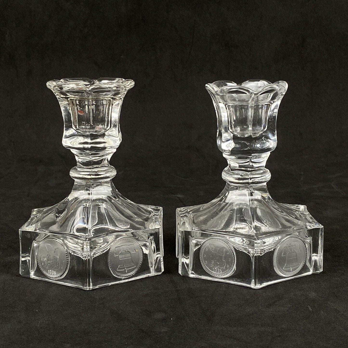 Pair Fostoria Glass LIBERTY COIN CANDLESTICKS Holders 1886 general Clear