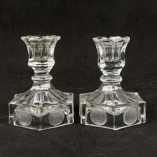 Pair Fostoria Glass LIBERTY COIN CANDLESTICKS Holders 1886 general Clear