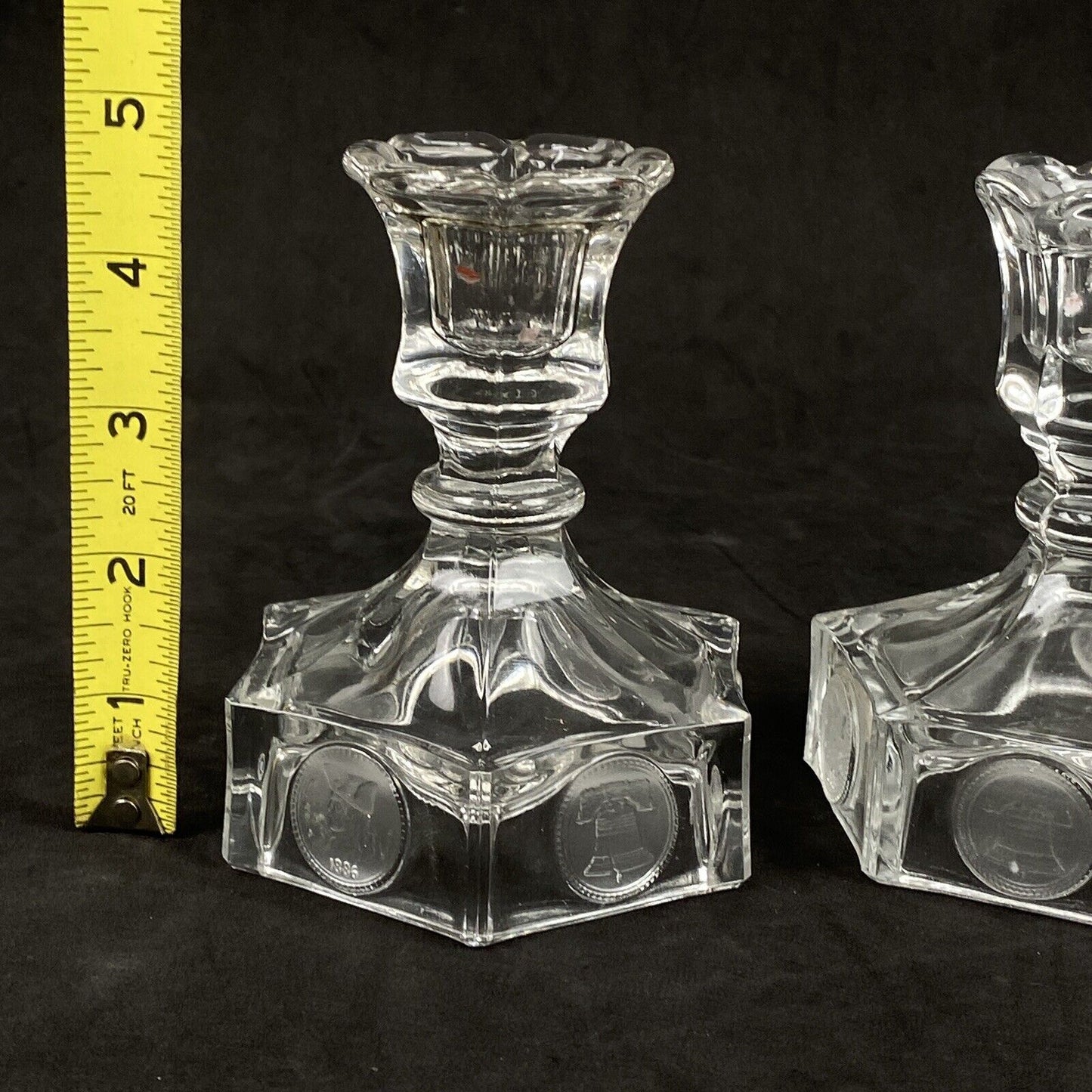 Pair Fostoria Glass LIBERTY COIN CANDLESTICKS Holders 1886 general Clear