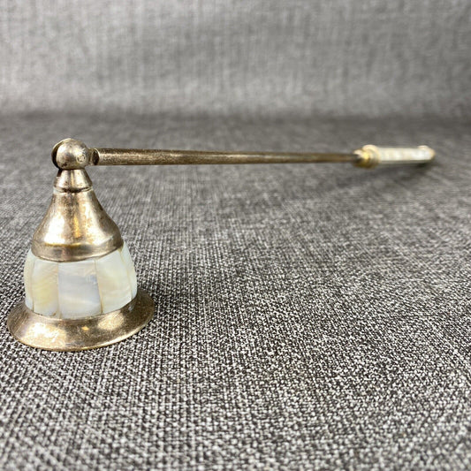 Vintage Silver Plate Mother of Pearl Inlay Handle Candle Rotating Snuffer 10.5”