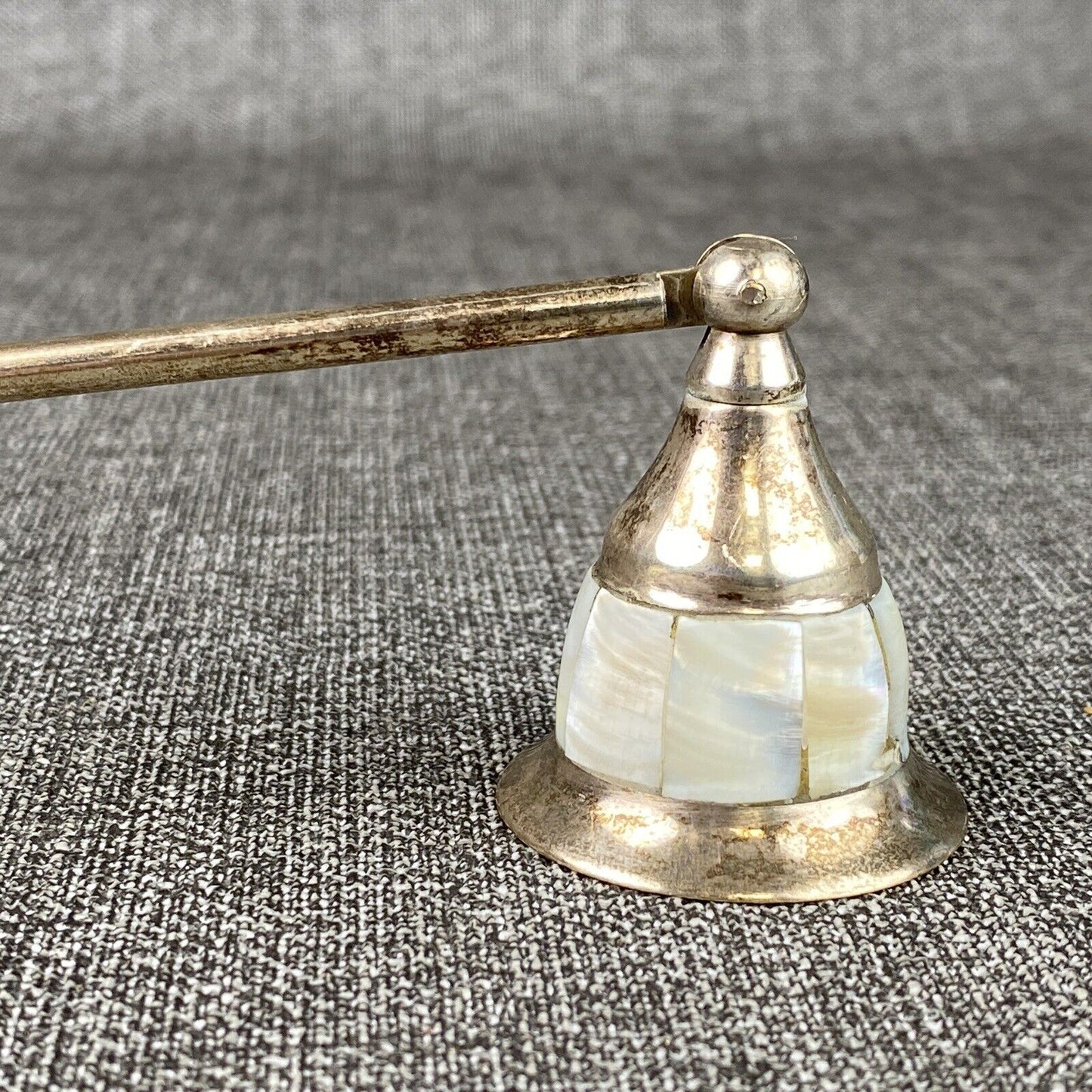 Vintage Silver Plate Mother of Pearl Inlay Handle Candle Rotating Snuffer 10.5”