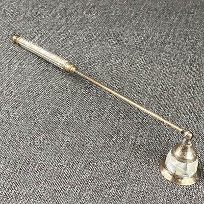 Vintage Silver Plate Mother of Pearl Inlay Handle Candle Rotating Snuffer 10.5”