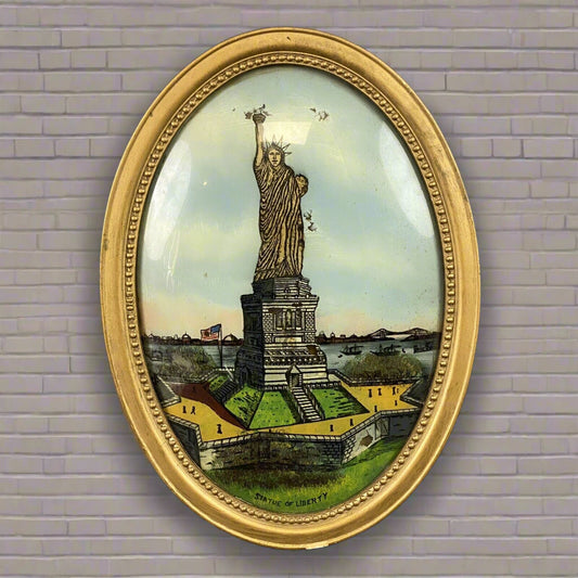 Vintage Reverse Painted Glass Statue of Liberty Oval Convex Bubble Glass Art