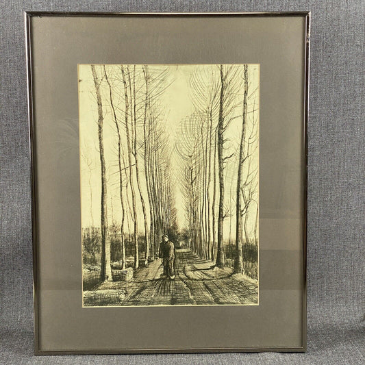 Vintage Framed Lithograph of Van Gogh The Road with Poplars Pencil Studies