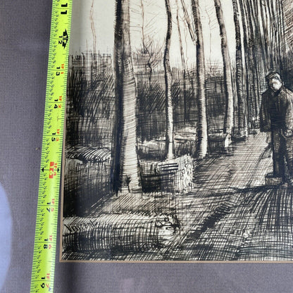 Vintage Framed Lithograph of Van Gogh The Road with Poplars Pencil Studies