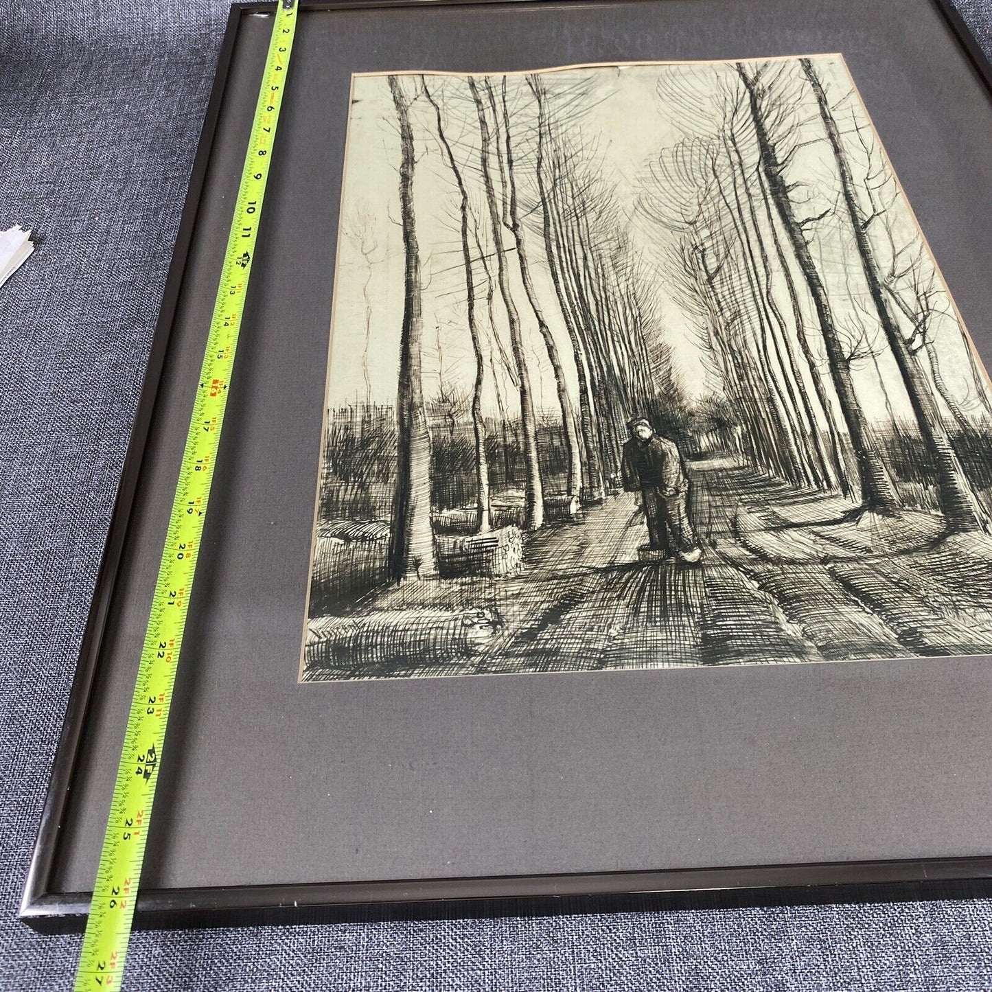 Vintage Framed Lithograph of Van Gogh The Road with Poplars Pencil Studies