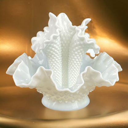 Fenton Hobnail White Milk Glass 3 Horn Flower Epergne 6.75" Tall