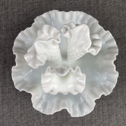 Fenton Hobnail White Milk Glass 3 Horn Flower Epergne 6.75" Tall