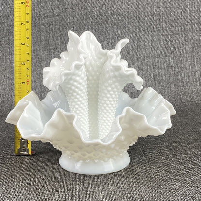 Fenton Hobnail White Milk Glass 3 Horn Flower Epergne 6.75" Tall