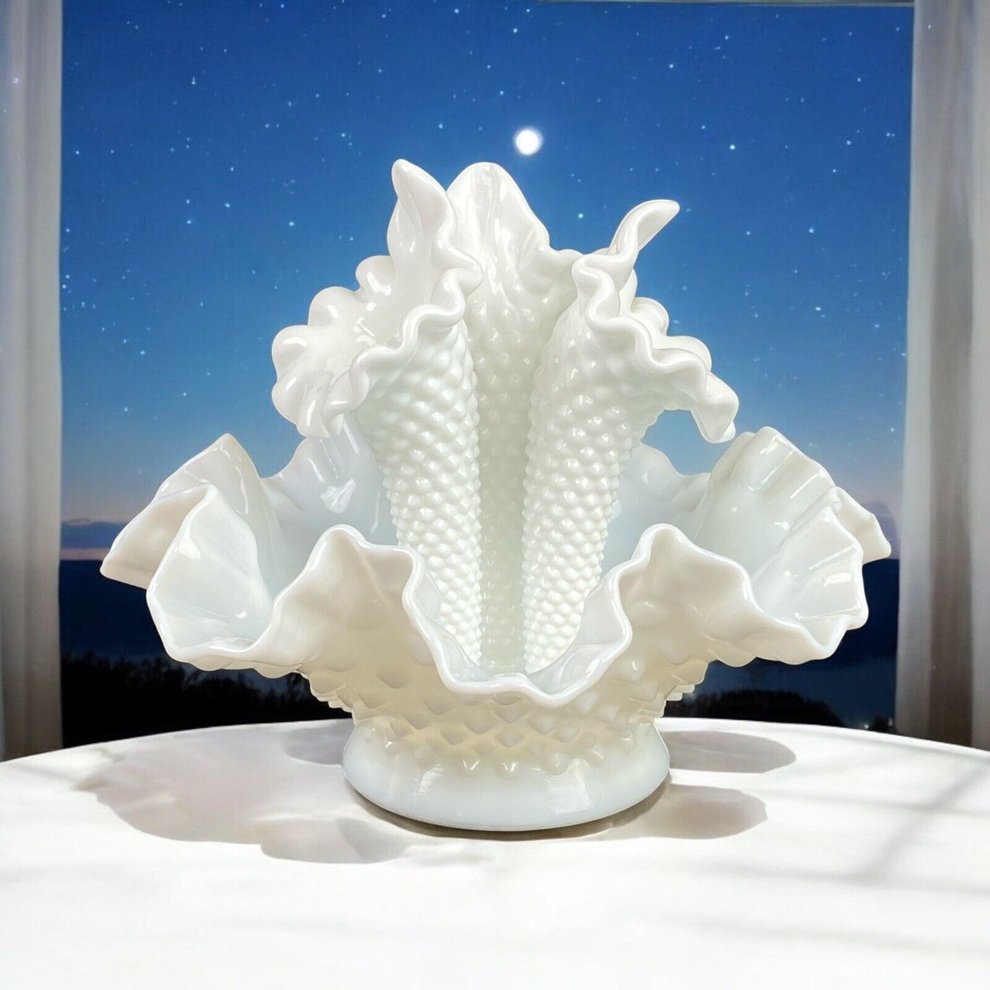 Fenton Hobnail White Milk Glass 3 Horn Flower Epergne 6.75" Tall