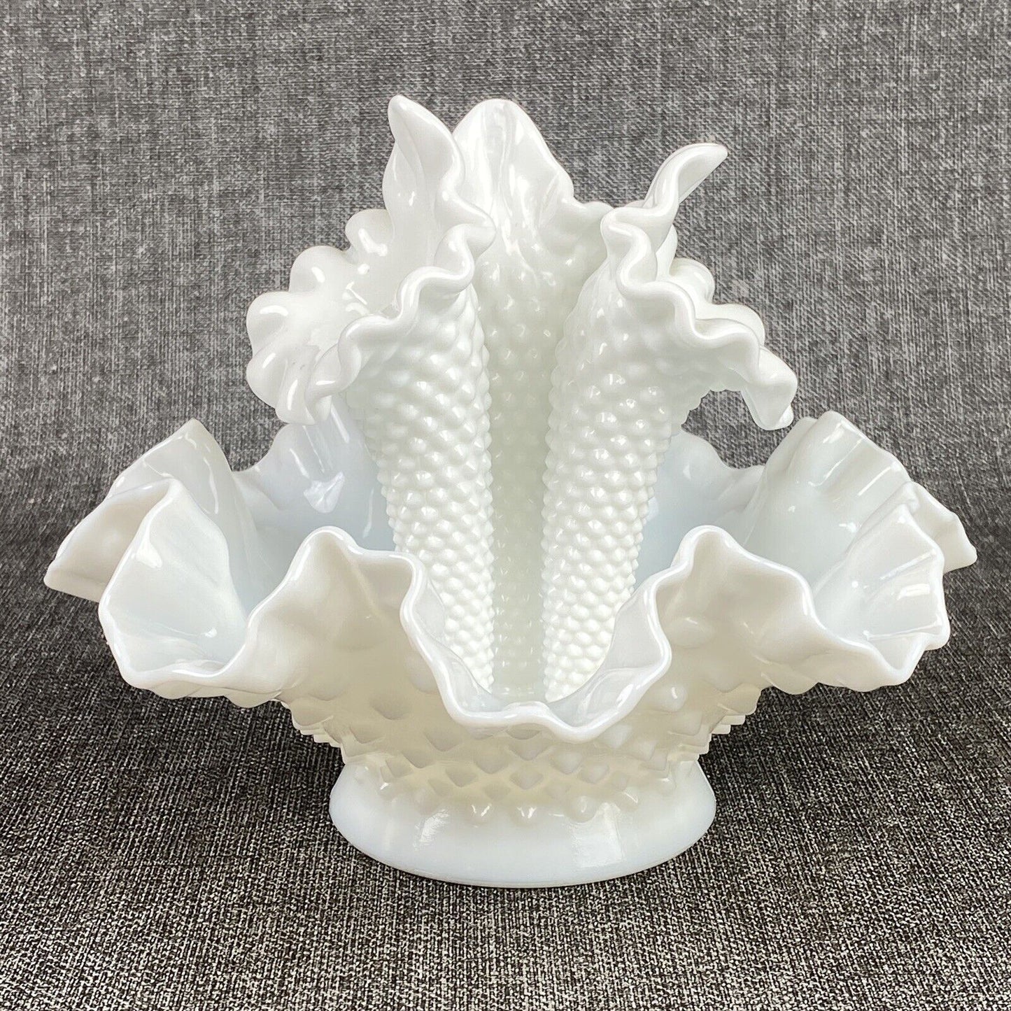 Fenton Hobnail White Milk Glass 3 Horn Flower Epergne 6.75" Tall