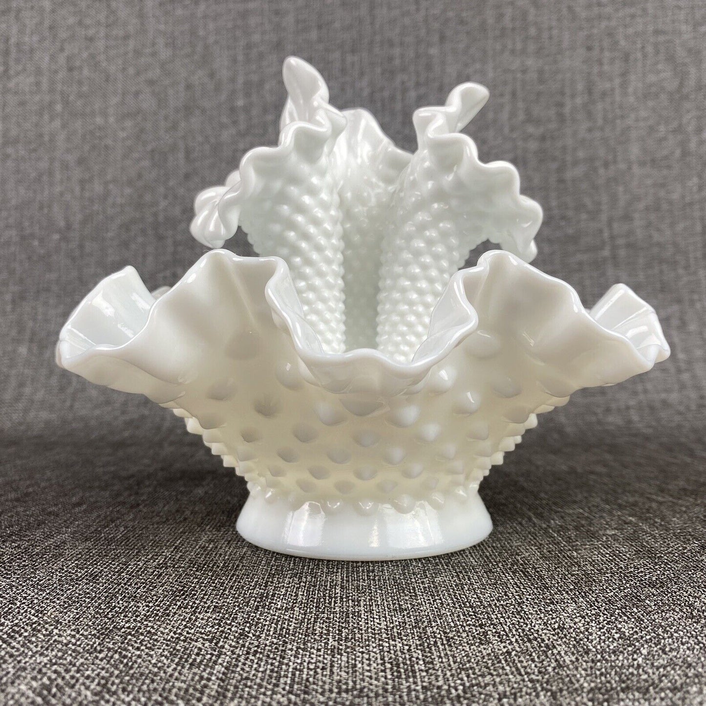 Fenton Hobnail White Milk Glass 3 Horn Flower Epergne 6.75" Tall