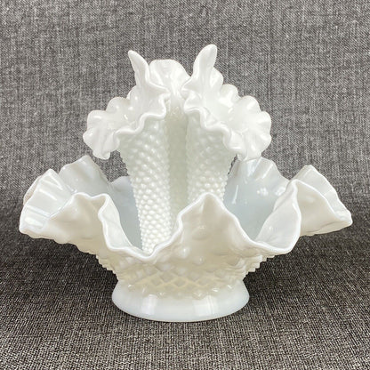 Fenton Hobnail White Milk Glass 3 Horn Flower Epergne 6.75" Tall