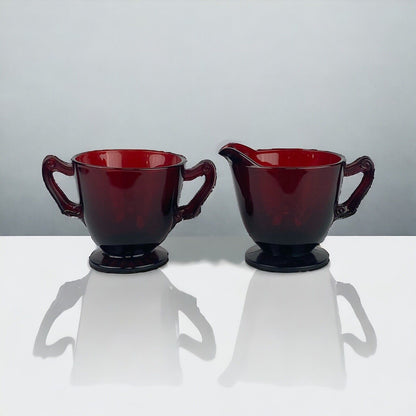 Vintage Anchor Hocking Royal Ruby Red Glass Footed Creamer and Open Sugar Bowl