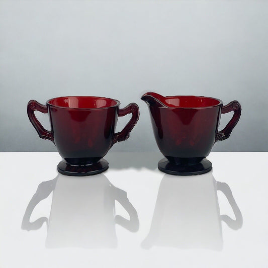 Vintage Anchor Hocking Royal Ruby Red Glass Footed Creamer and Open Sugar Bowl