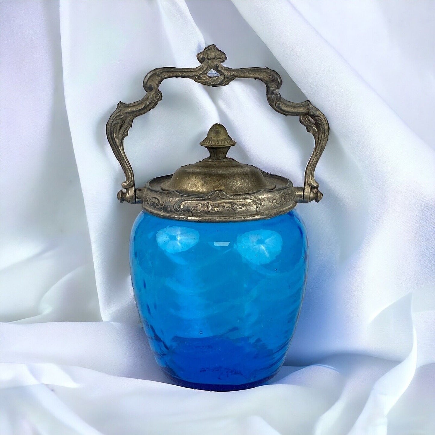 Antique Victorian Blue Draped Glass Biscuit Cookie Jar with Lid