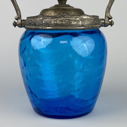 Antique Victorian Blue Draped Glass Biscuit Cookie Jar with Lid