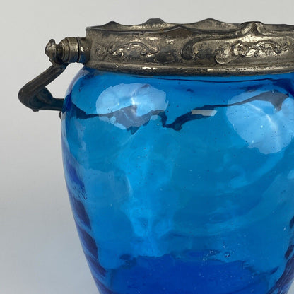 Antique Victorian Blue Draped Glass Biscuit Cookie Jar with Lid