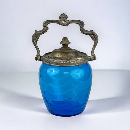 Antique Victorian Blue Draped Glass Biscuit Cookie Jar with Lid