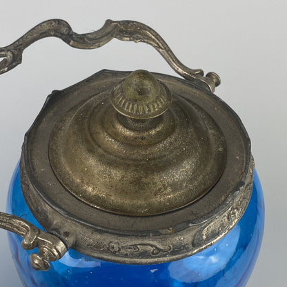 Antique Victorian Blue Draped Glass Biscuit Cookie Jar with Lid