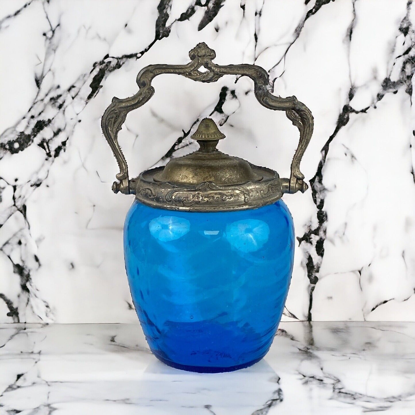 Antique Victorian Blue Draped Glass Biscuit Cookie Jar with Lid