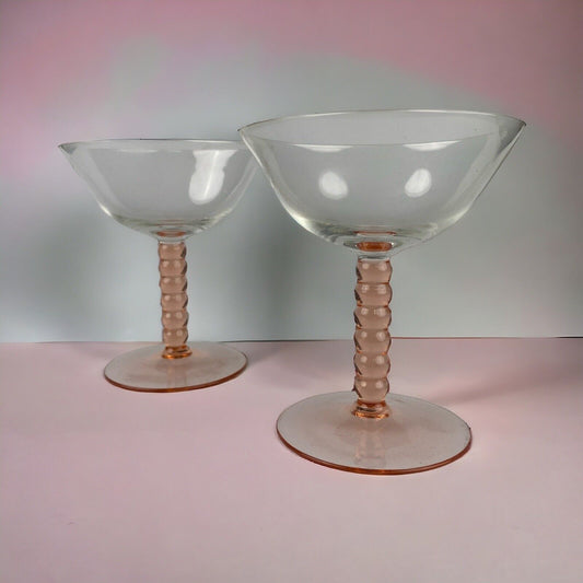 2 - Vintage Mid Century Style Clear and Pink Bottom Clear Top Cordial Wine Glass