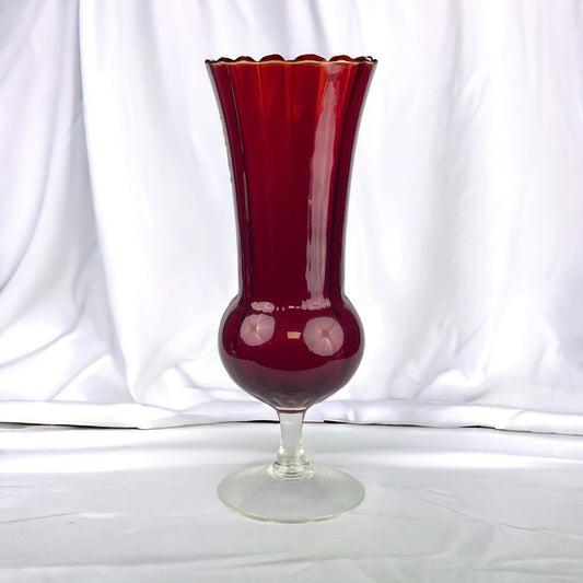 Vintage Red Blown Glass Vase Red Top Clear Base 11 1/2" Tall Fluted Top