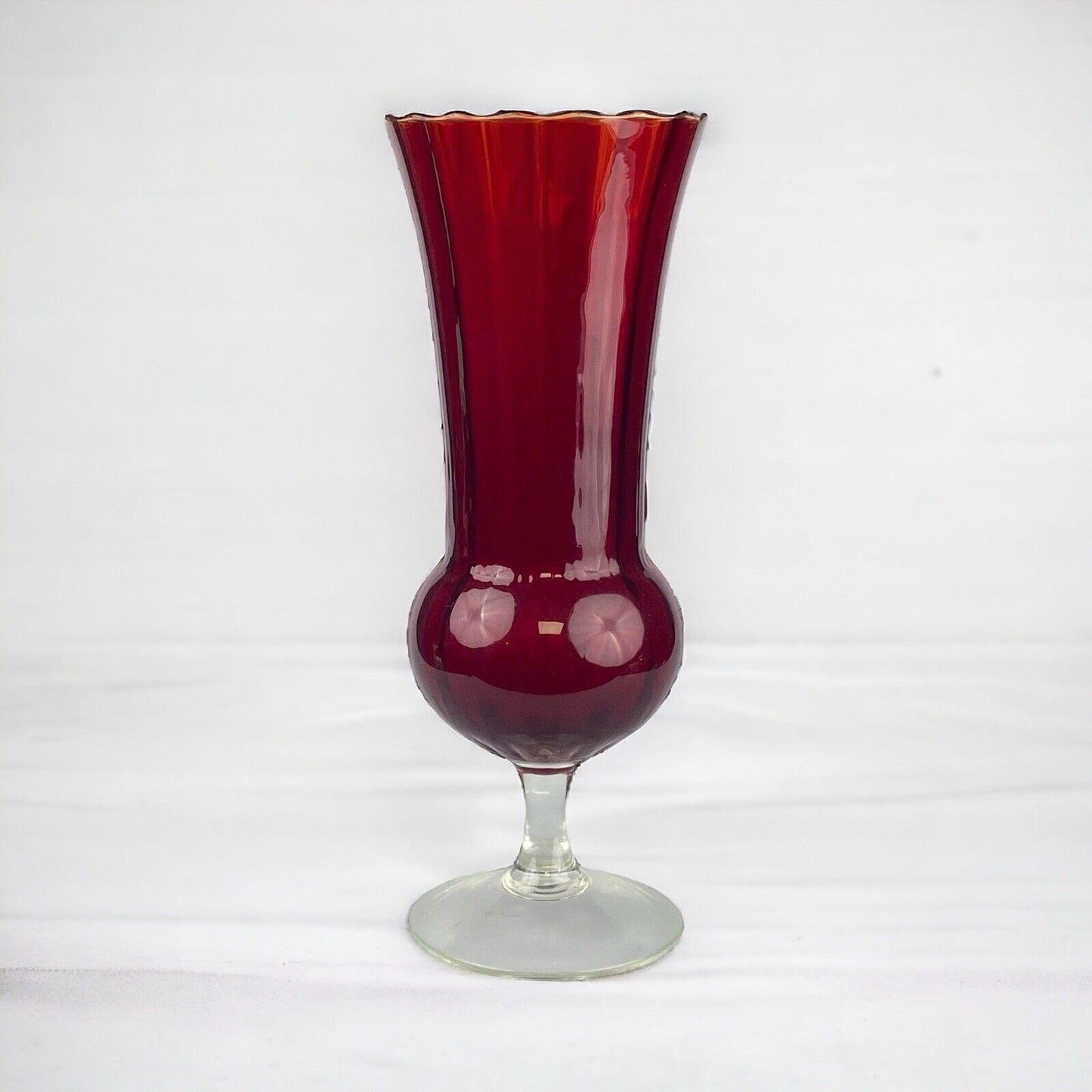 Vintage Red Blown Glass Vase Red Top Clear Base 11 1/2" Tall Fluted Top