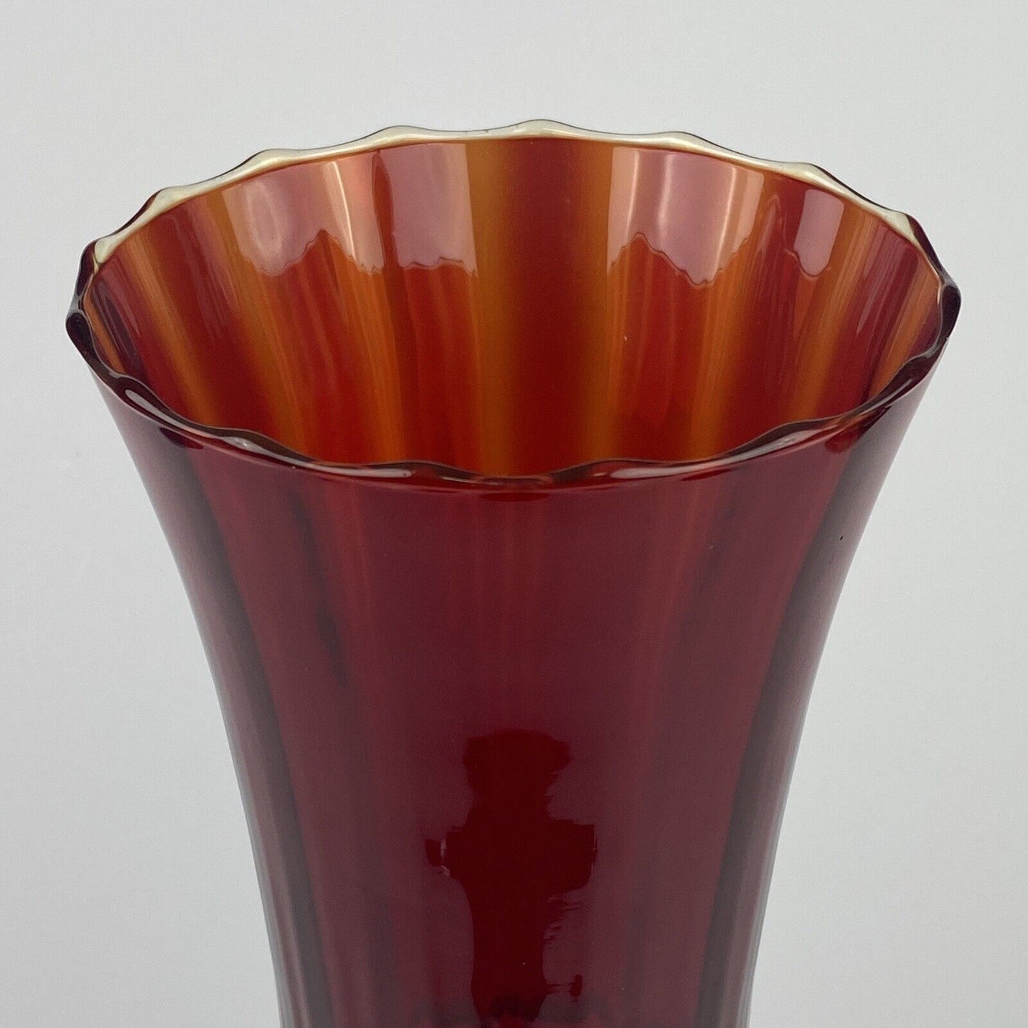 Vintage Red Blown Glass Vase Red Top Clear Base 11 1/2" Tall Fluted Top