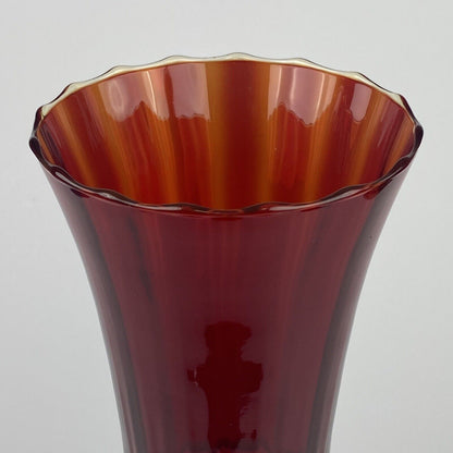 Vintage Red Blown Glass Vase Red Top Clear Base 11 1/2" Tall Fluted Top